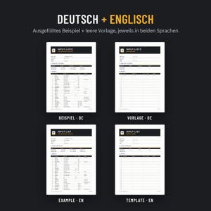 Ausgefülltes Beispiel und leere Vorlage auf Deutsch und Englisch