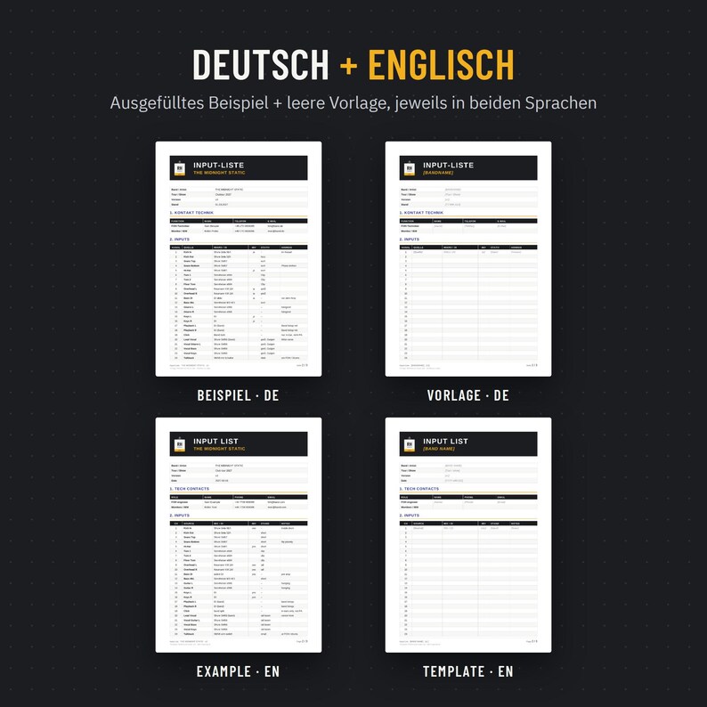 Ausgefülltes Beispiel und leere Vorlage auf Deutsch und Englisch