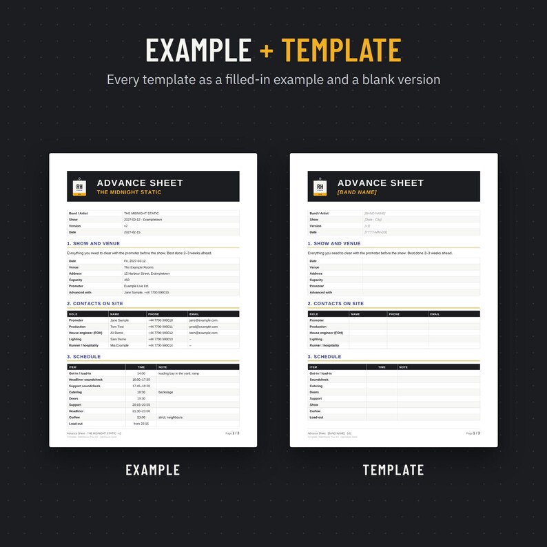 Filled-in example and blank template for every document