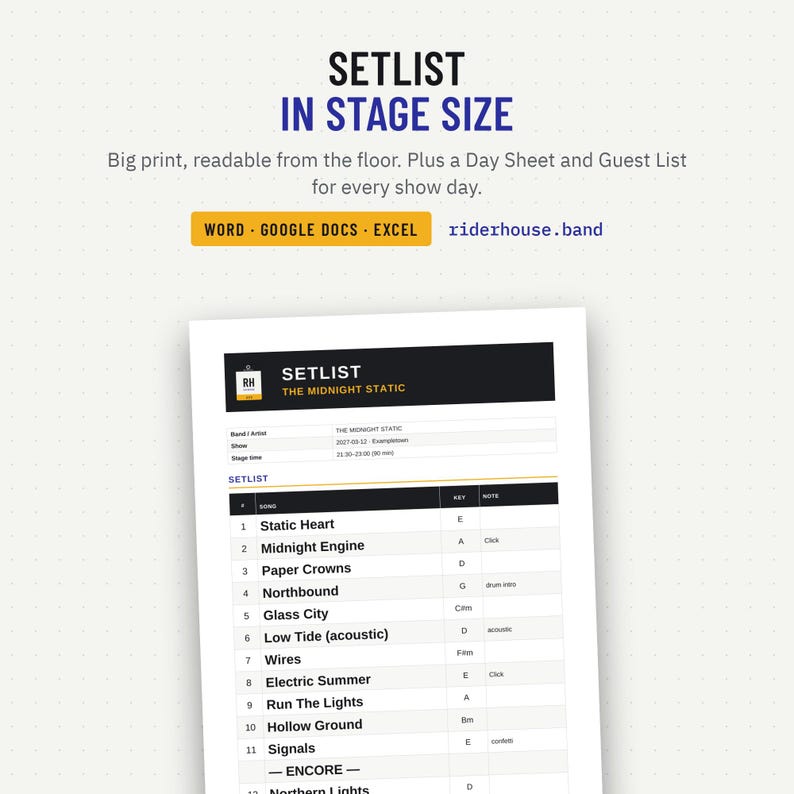 Setlist template in big print for the stage
