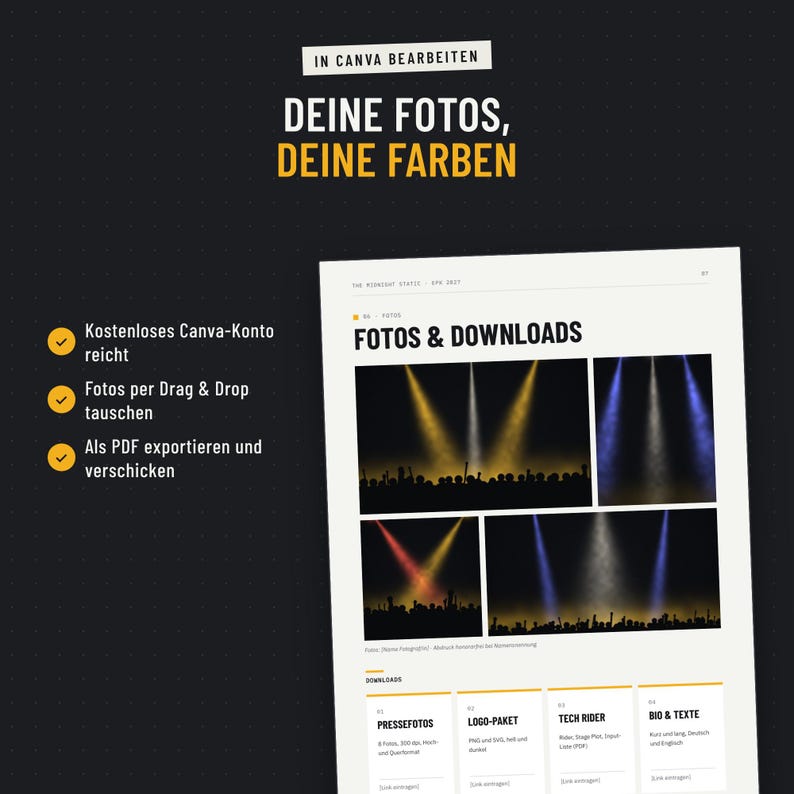 EPK-Vorlage in Canva bearbeiten: eigene Fotos und Farben einsetzen, als PDF exportieren