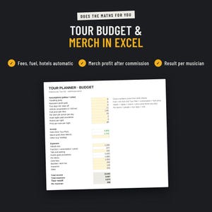 Tour budget spreadsheet that calculates fees, fuel, hotels and merch automatically