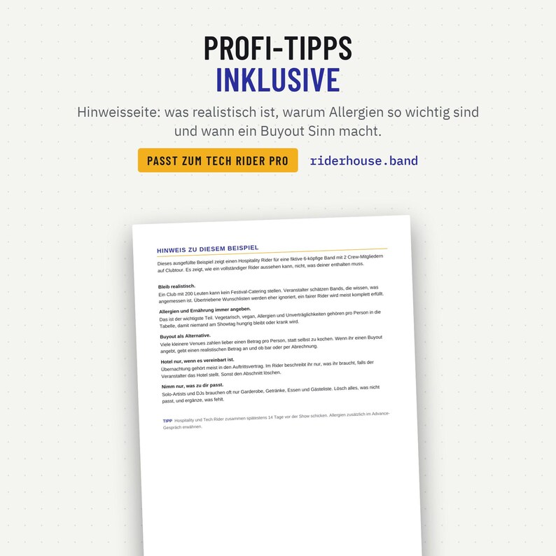 Hinweisseite mit Profi-Tipps zum Hospitality Rider