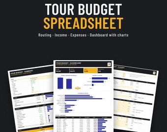 Turnébudgetmall för band och turnéchefer, routing, avgifter, merchandise, crew, Excel + Google Sheets