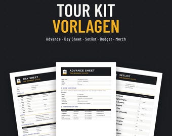 Tour Kit Vorlagen für Bands & DJs, tyska + engelska: Advance Sheet, Day Sheet, Setlist, Tourbudget, Merch