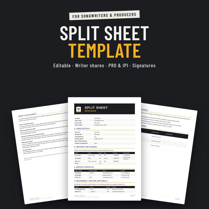 Split sheet template for songwriters and producers