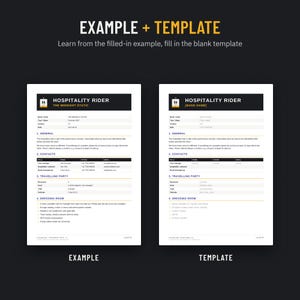 Filled-in example and blank hospitality rider template