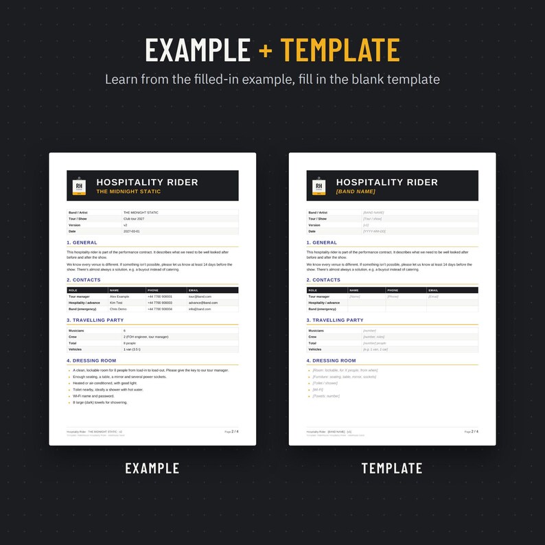 Filled-in example and blank hospitality rider template