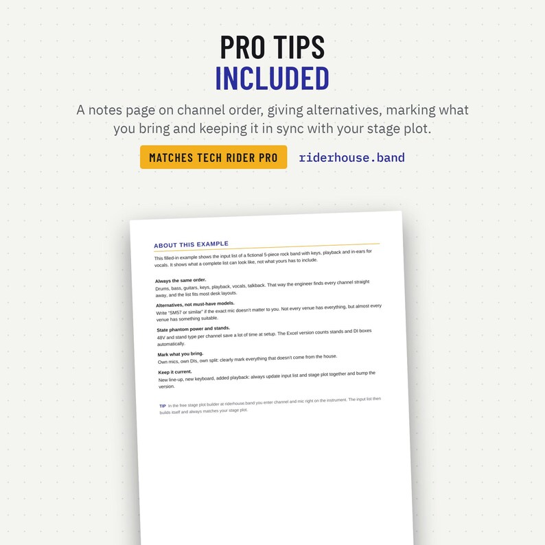 Notes page with tips for an input list sound engineers love