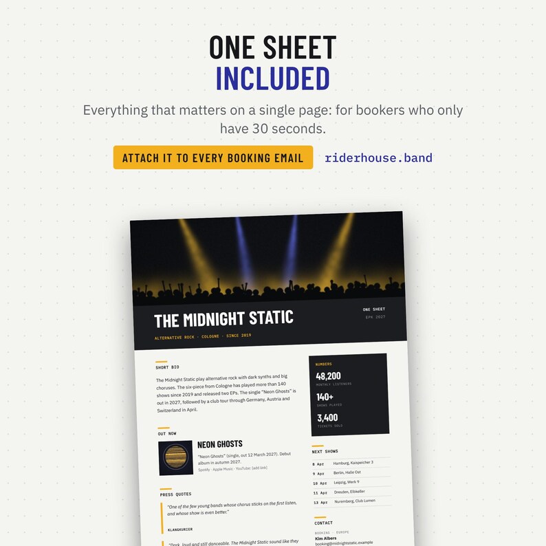 One sheet page of the EPK template with short bio, numbers, press quotes, shows and contact