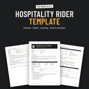 Hospitality rider template for bands and DJs, three example pages