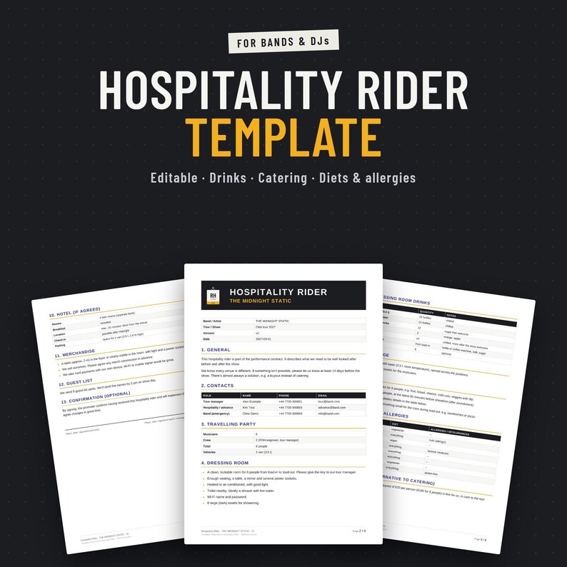 Hospitality rider template for bands and DJs, three example pages