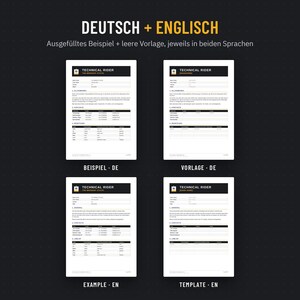 Tech Rider Vorlage auf Deutsch und Englisch, jeweils als ausgefülltes Beispiel und als leere Vorlage