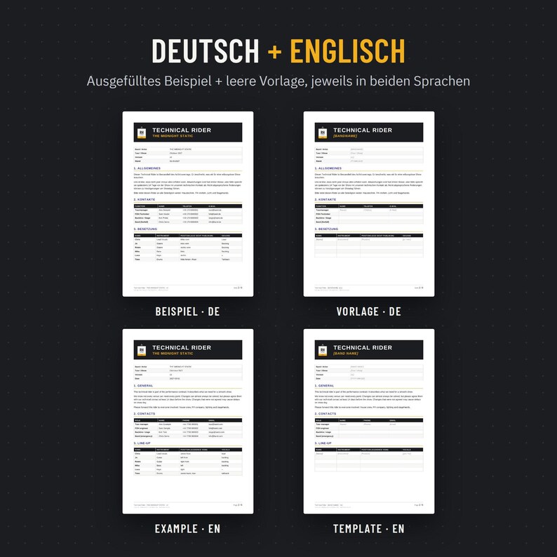 Tech Rider Vorlage auf Deutsch und Englisch, jeweils als ausgefülltes Beispiel und als leere Vorlage