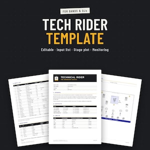 Tech rider template for bands and DJs showing cover page, input list and stage plot, editable in Word and Google Docs
