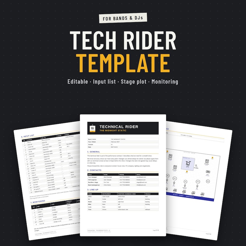 Tech rider template for bands and DJs showing cover page, input list and stage plot, editable in Word and Google Docs