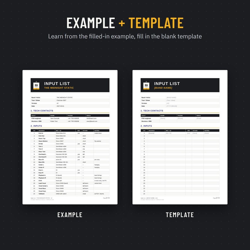 Filled-in example and blank input list template