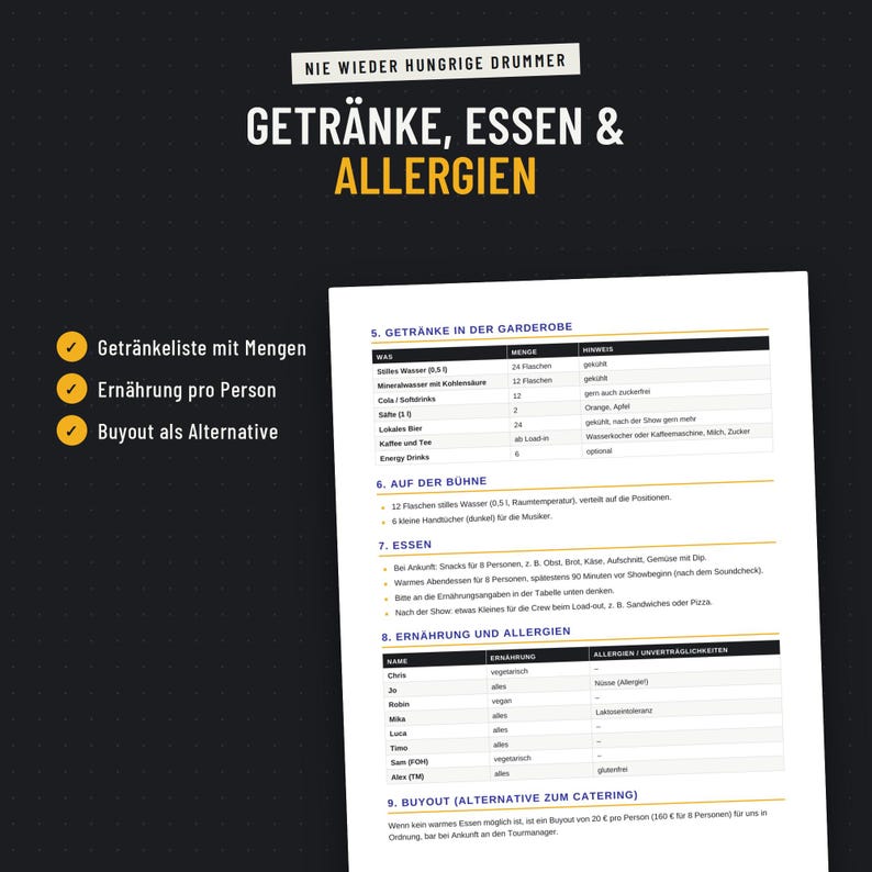 Getränkeliste, Essen und Allergien pro Person im Hospitality Rider