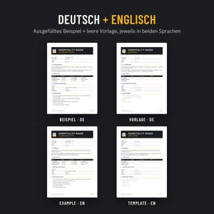 Ausgefülltes Beispiel und leere Vorlage auf Deutsch und Englisch