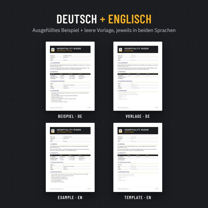 Ausgefülltes Beispiel und leere Vorlage auf Deutsch und Englisch