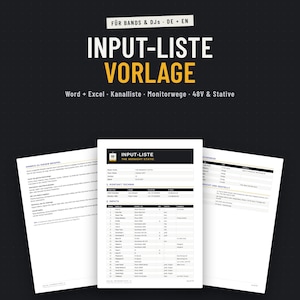 Input Liste Vorlage für Bands und DJs, Deutsch + Englisch, Kanalliste, Monitorwege, Tech Rider, Word und Excel, Google Docs und Sheets