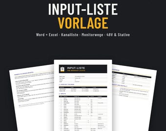 Input Liste Vorlage für Bands & DJs, Deutsch + Englisch, Kanalliste, Monitorwege, Word + Excel