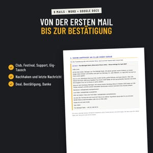 Vorlage für eine Booking-Mail: Show-Anfrage an einen Club, bearbeitbar in Word und Google Docs