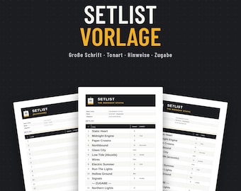Setlist Vorlage für Bands, Deutsch + Englisch, Große Schrift, Tonart och Hinweise, Word + Google Docs