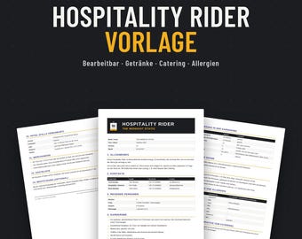 Hospitality Rider Vorlage für Bands & DJs, Deutsch + Engelsk, Catering, Getränke, Word + Google Docs