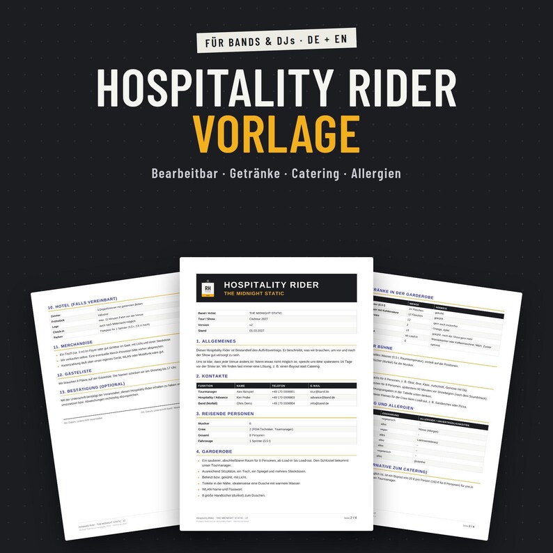 Hospitality Rider Vorlage für Bands und DJs, Deutsch und Englisch, drei Beispielseiten