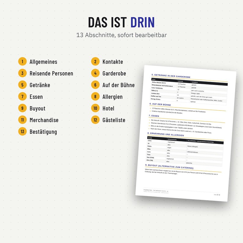Inhalt der Hospitality Rider Vorlage: 13 Abschnitte von Garderobe bis Gästeliste