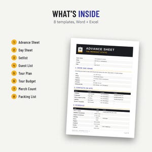 Contents of the tour kit: 8 templates from advance sheet to packing list