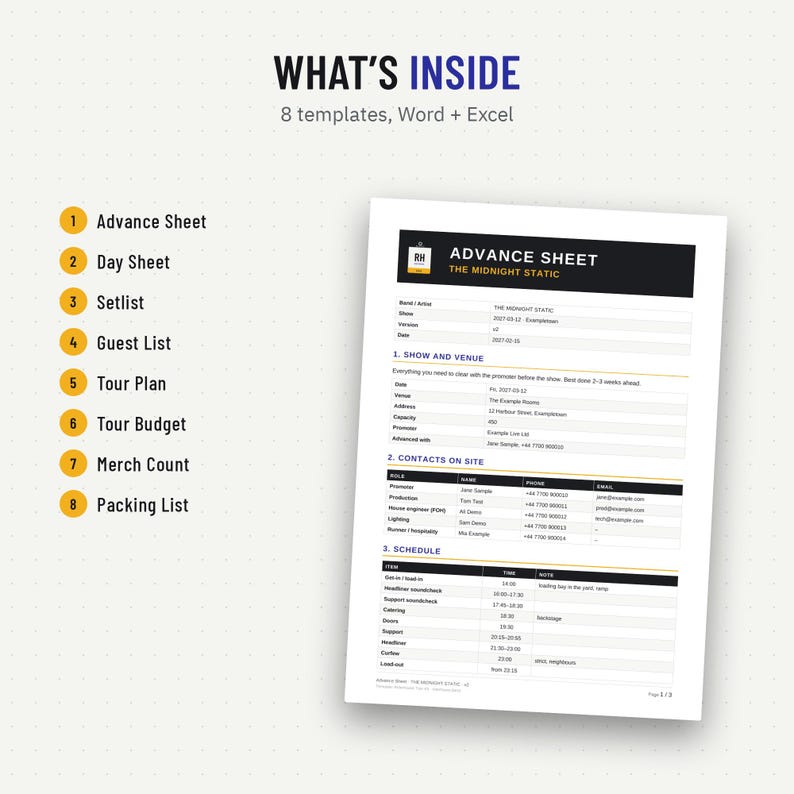 Contents of the tour kit: 8 templates from advance sheet to packing list
