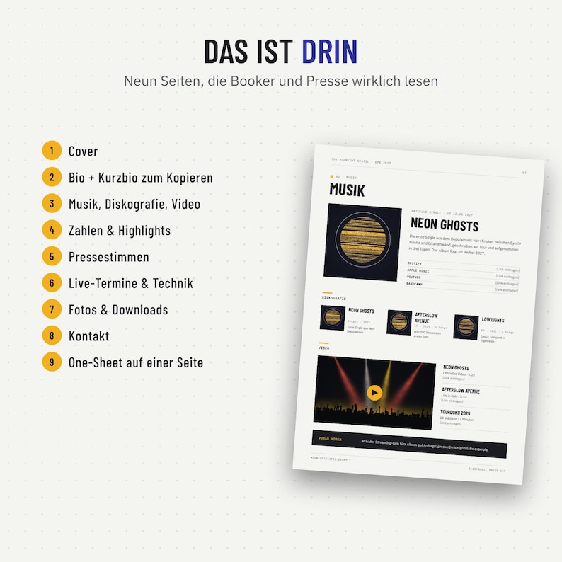 Inhalt der EPK-Vorlage: neun Seiten von Cover und Bio bis Kontakt und One-Sheet