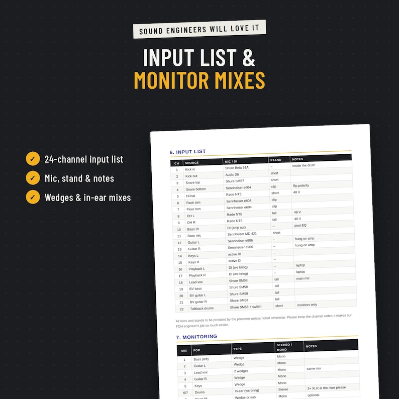 24-channel input list and monitor mixes in the tech rider template, with mic, stand and notes per channel