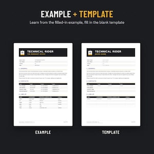 Filled-in example rider and blank tech rider template, editable A4 documents