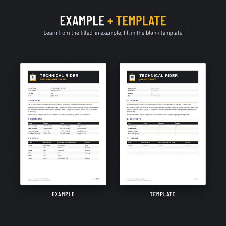 Filled-in example rider and blank tech rider template, editable A4 documents