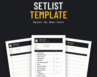 Mall för bandsetlista, storstilad setlista med tonart och noter, redigerbart Word + Google Dokument