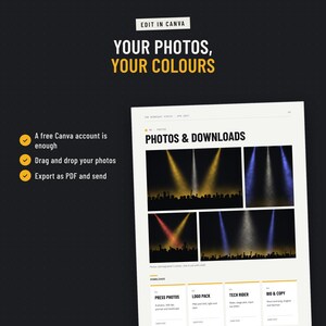 Edit the EPK template in Canva: add your own photos and colours, export as PDF