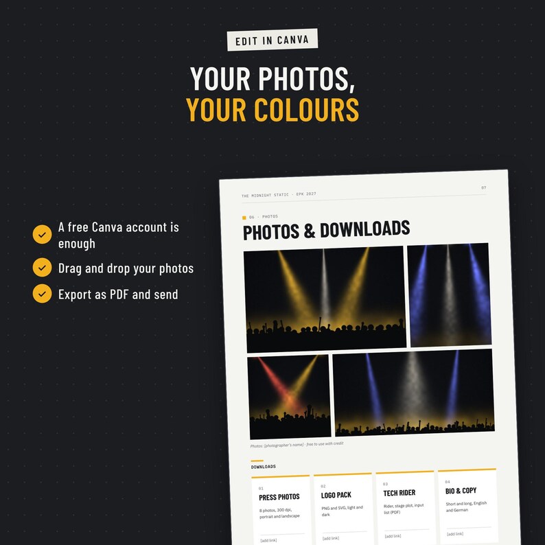 Edit the EPK template in Canva: add your own photos and colours, export as PDF