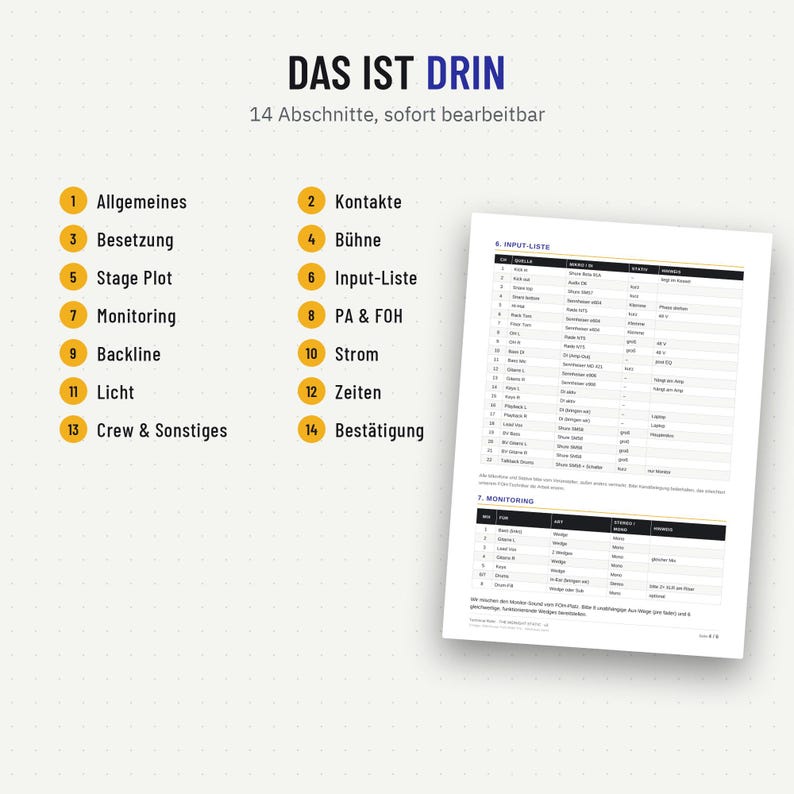 Übersicht der 14 Abschnitte der Technical-Rider-Vorlage: Kontakte, Besetzung, Bühne, Input-Liste, Monitoring, Backline, Strom und mehr