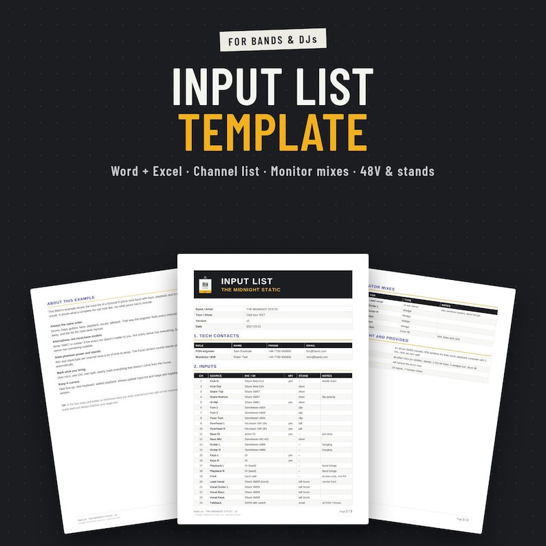 Input list template for bands and DJs in Word and Excel