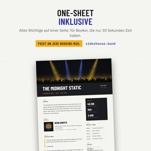 One-Sheet der EPK-Vorlage mit Kurzbio, Zahlen, Pressestimmen, Shows und Kontakt
