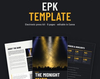 EPK-mall för band och musiker, musikpresspaket med ett ark, redigerbart i Canva