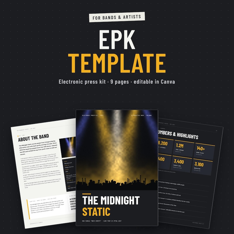 EPK template for bands and musicians, editable in Canva