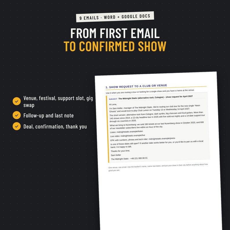 Booking email template for a show request to a venue, editable in Word and Google Docs