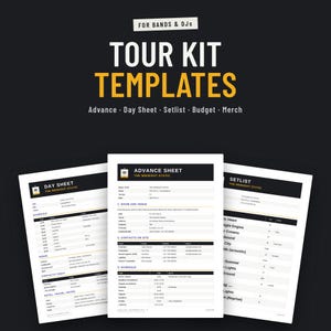 Band tour kit templates with day sheet, advance sheet and setlist