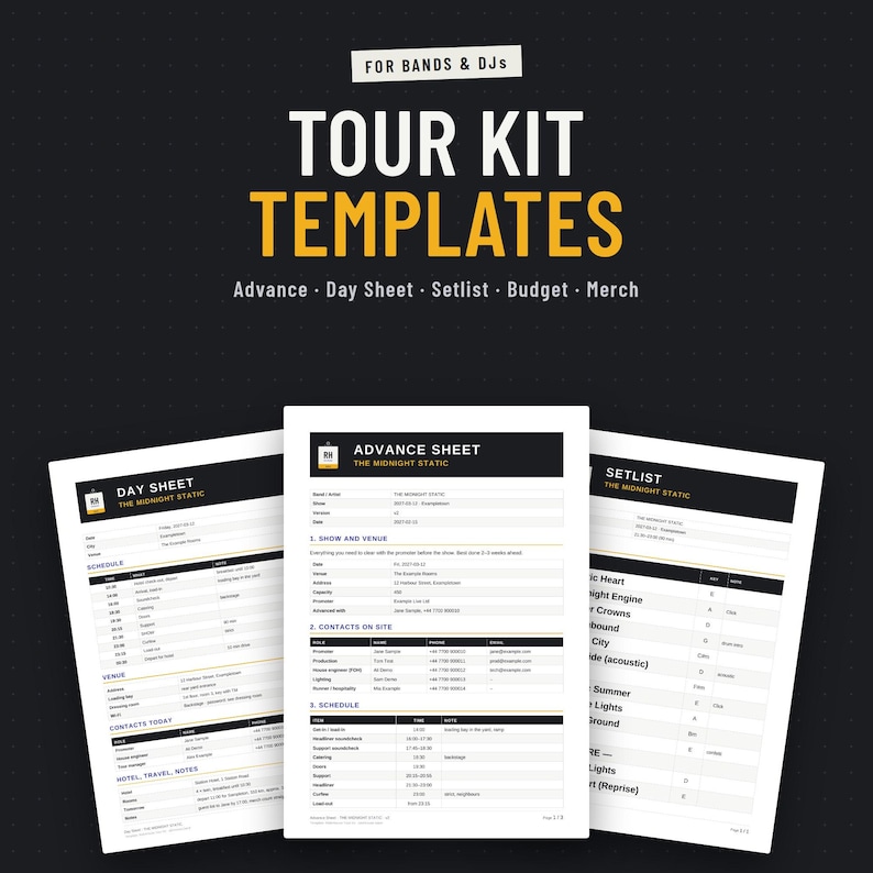 Band tour kit templates with day sheet, advance sheet and setlist