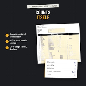 Input list spreadsheet that counts channels, 48V, DI boxes and stands automatically