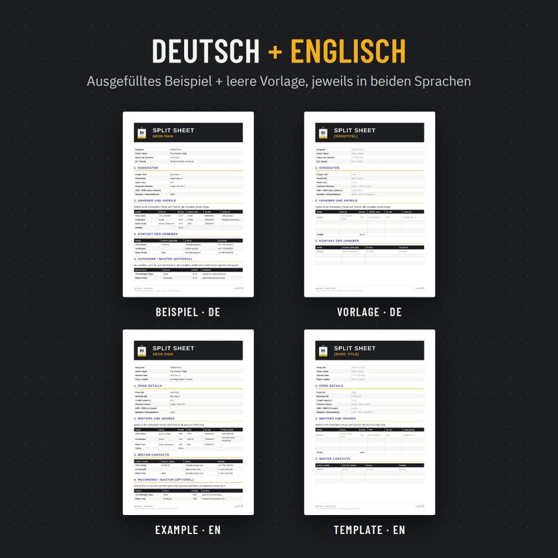 Ausgefülltes Beispiel und leere Vorlage auf Deutsch und Englisch